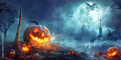 Halloween theme , decorations with jack-o'-lantern . AI generated.	
 photo