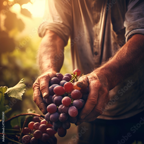 person picking grapes, bunch of wine grapes in the vineyard