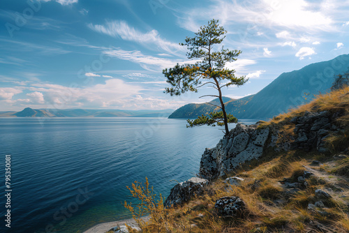 A tree stands on a rocky shoreline next to a body of water