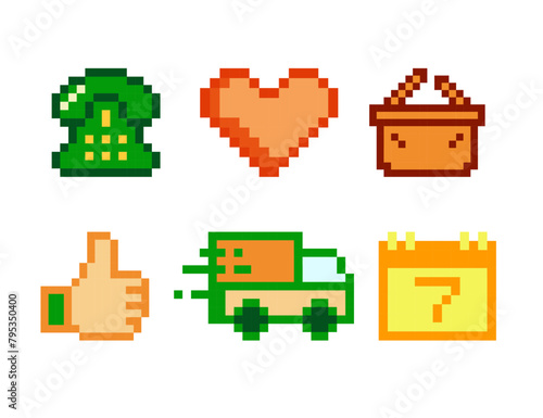 Pixel set of icons for website, app. Bright icons in green, yellow, orange color. Isolated on a white background. Vector