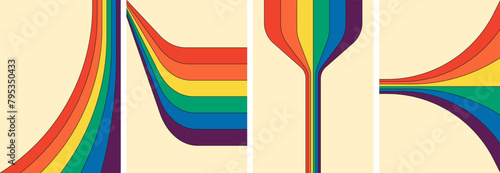 Retro groovy rainbow color striped poster set. Geometric hippie rainbows path on prints. Vintage hippy style abstract iridescent flow stripes. Trendy minimal y2k colorful spectral lines art eps covers