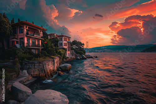 A beautiful sunset over the ocean with a bridge in the background