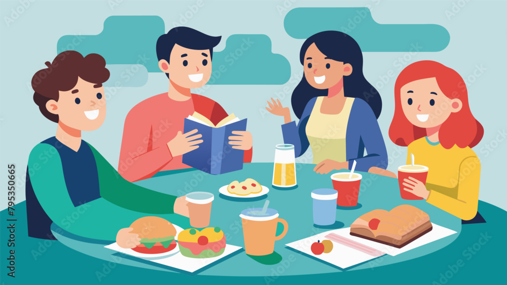 An illustration of a kitchen table cluttered with snacks and drinks as a family engages in a lively discussion about the themes and messages of