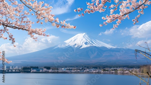 Panoramic view of Mountain during spring cherry blossom season