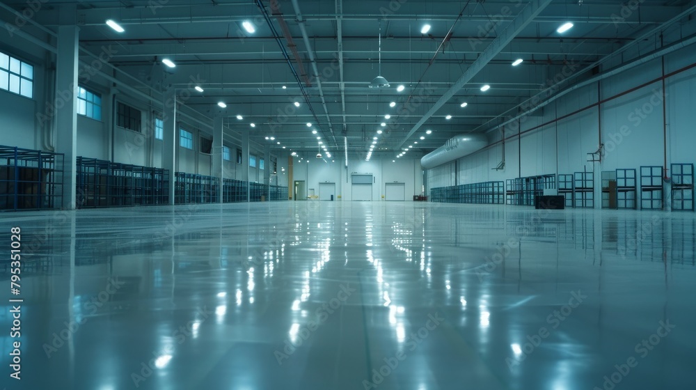 Modern Warehouse Interior with Shelves and Aisles, Perspective view inside a modern warehouse with endless aisles of shelves stocked with goods, reflecting on a glossy floor.