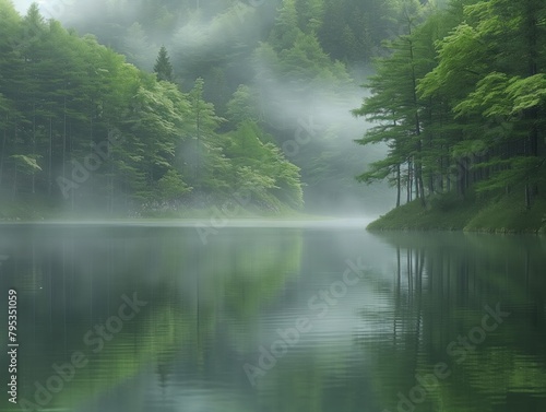 A forest with a lake in the background. The water is calm and the trees are lush and green. The sky is overcast, creating a moody atmosphere