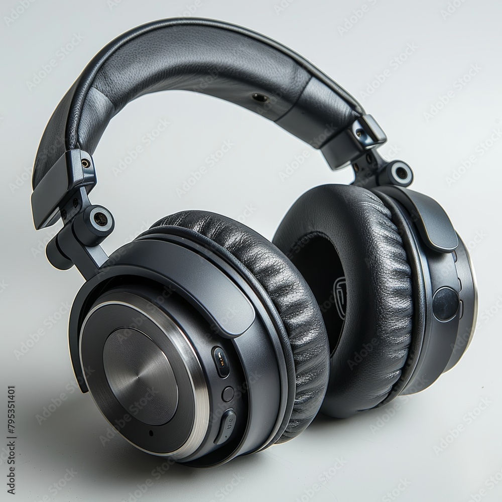 A black wireless headphone with a silver dial on the right ear cup. - obrazy, fototapety, plakaty 