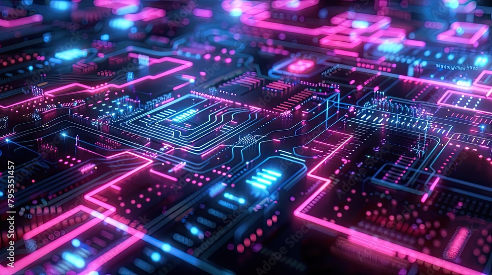 Futuristic neon circuit patterns glowing vibrantly on a dark surface Futuristic neon circuit patterns glowing vibrantly on a dark surface