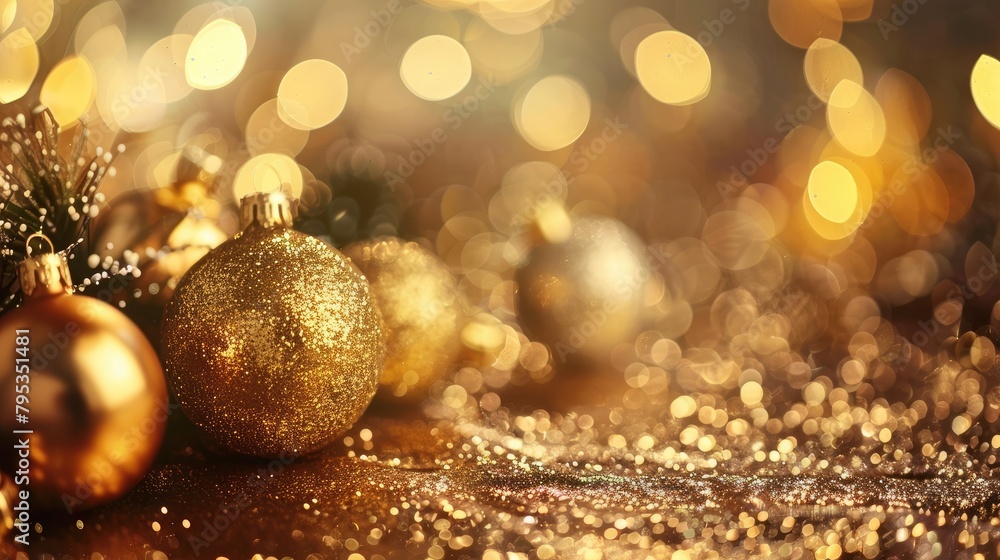 Golden glitter sparkling on a festive decoration Golden glitter sparkling on a festive decoration