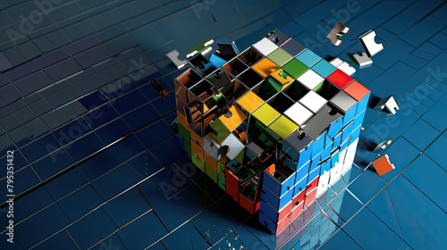 Exploded 3D view of a geometric puzzle cube in mid-assembly photo