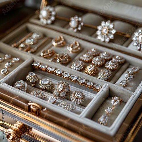 A collection of diamond jewelry displayed in a luxury box.
