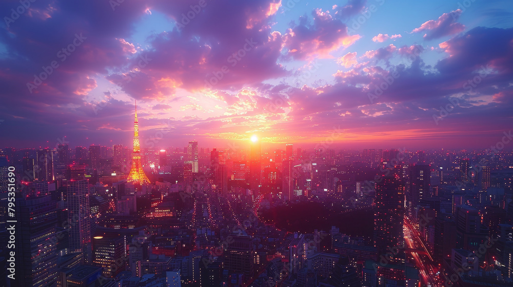 A city skyline with a large tower in the background and a sunset in the foreground. The sky is a mix of pink and purple hues, creating a serene and peaceful atmosphere A city skyline with a large tower in the background and a sunset in the foreground. The sky is a mix of pink and purple hues, creating a serene and peaceful atmosphere