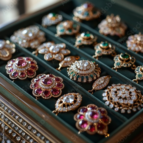 A collection of antique brooches with diamonds, rubies and emeralds photo