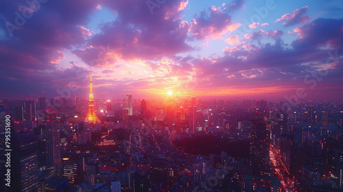 A city skyline with a large tower in the background and a sunset in the foreground. The sky is a mix of pink and purple hues  creating a serene and peaceful atmosphere