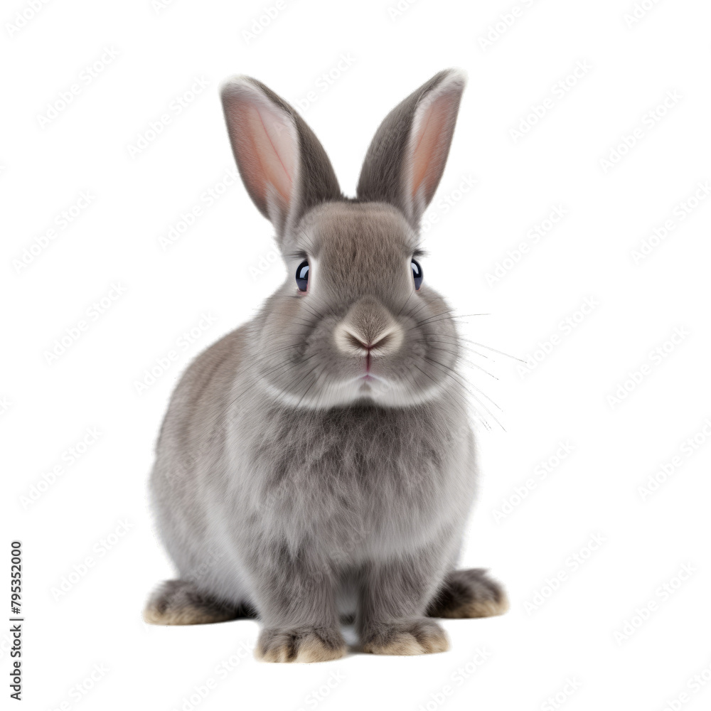 A gray dwarf rabbit lies on a white background