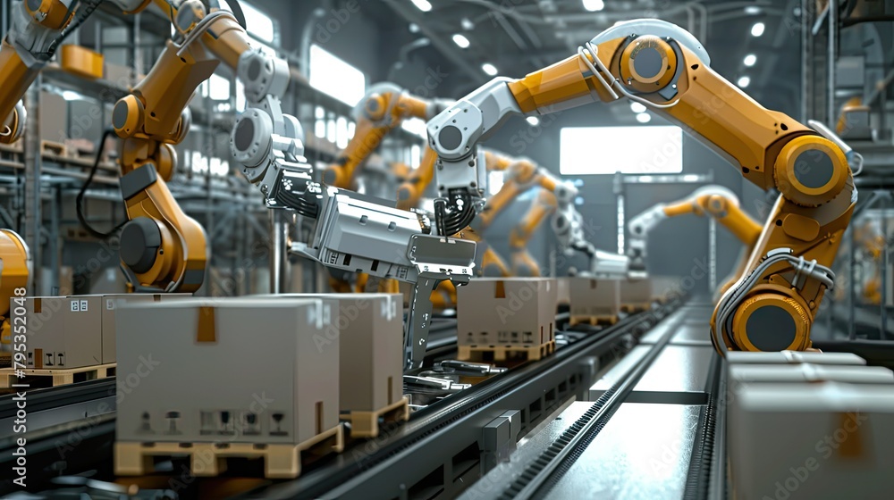 Automated warehouse with robotic arms sorting packages