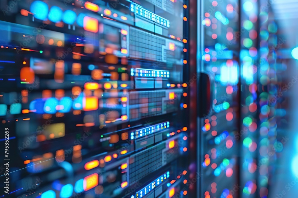 A dark and mysterious data center with blue and orange lights. A dark and mysterious data center with blue and orange lights.