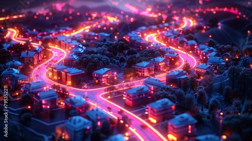 An aerial view of a city at night with glowing pink and blue lights.