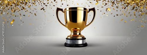 A Championship cup or winner trophy in golden and silver shiny chrome with celebration confetti and ribbon decoration with copy space area, on plain isolated background, first prize