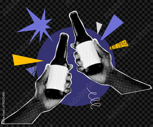 Collage design elements in trendy dotted pop art style. Retro halftone effect. Human hands hold two beer bottles.Vector illustration with vintage grunge punk cutout shapes.