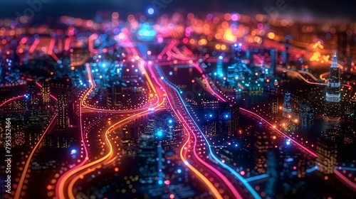 A glowing city with trails of light flowing through it. photo