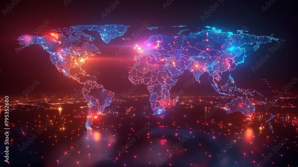 A glowing blue and red world map made of circuit board-like material.