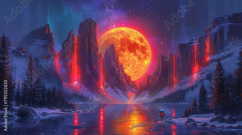 The red moon is rising over the mountains.