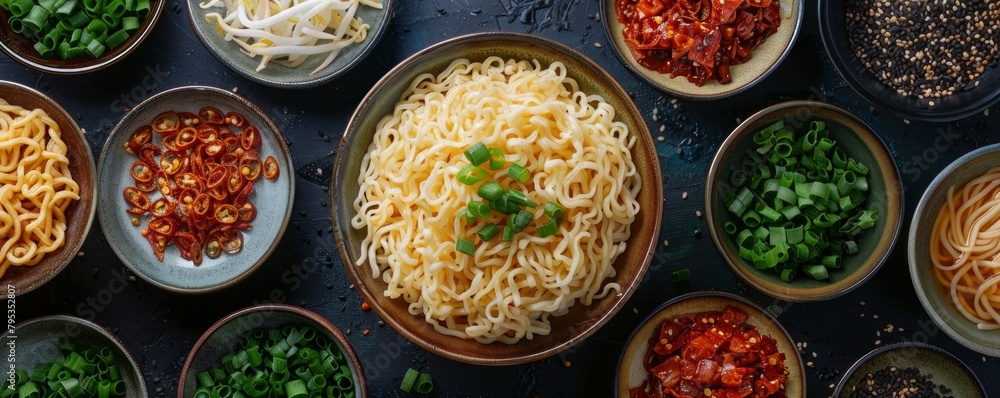 High angle delicious arrangement of noodles on a table. With a dark background. High angle delicious arrangement of noodles on a table. With a dark background.