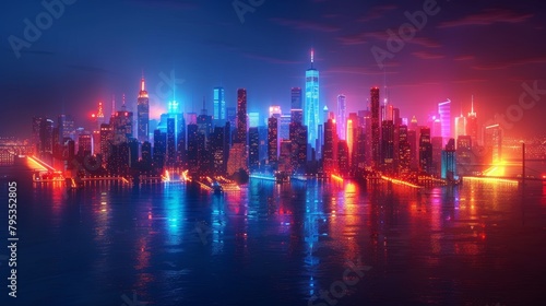 Cityscape of New York City with blue and red lights reflecting off the water at night. photo