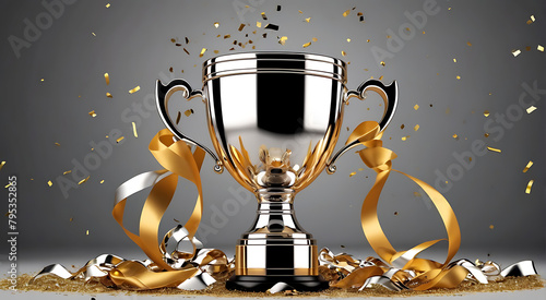 A Championship cup or winner trophy in golden and silver shiny chrome with celebration confetti and ribbon decoration with copy space area, on plain isolated background, prize