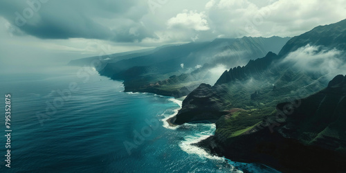 Aerial view of majestic mountains and ocean in Hawaii under a cloudy sky, creating a breathtaking natural landscape