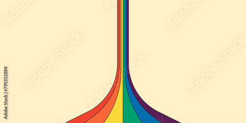 Retro rainbow color striped path horizontal banner. Geometric hippie rainbows perspective flow print. Vintage hippy style abstract iridescent stripes. Trendy groovy minimal y2k colorful spectral art