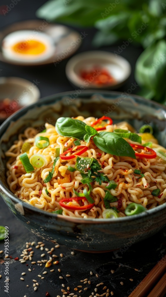 High angle delicious arrangement of noodles on a table. With a dark background.