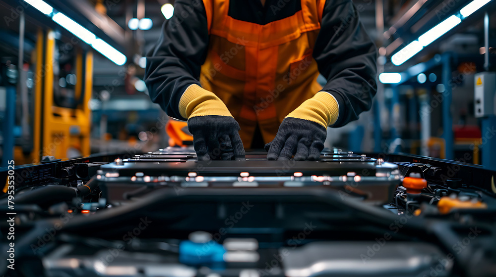 a man wearing a yellow and orange vest and black gloves works on a computer in a factory, with a ye a man wearing a yellow and orange vest and black gloves works on a computer in a factory, with a ye