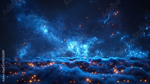 Blue and orange glowing nebula with stars and clouds
