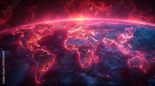 A red and purple glowing earth from space with a red atmosphere and stars in the background. photo