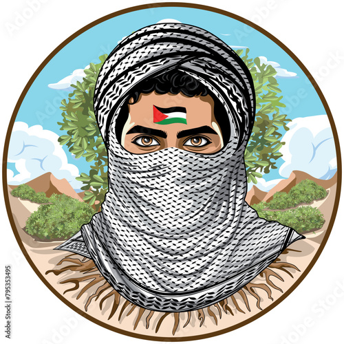 Freedom fighter Palestine Youth in homeland background with olive tree and sunny hills - Vector illustration Round Logo isolated on white
