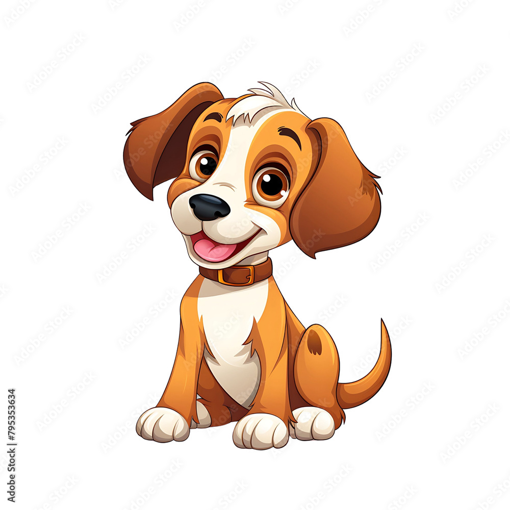 Cheerful cartoon puppy sitting with a big smile, wearing a red collar against a white background. Generative AI