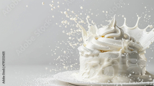 White cake with splashes of cream against white background, AI