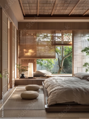 A minimalist Japanese bedroom with tatami flooring and shoji screens.