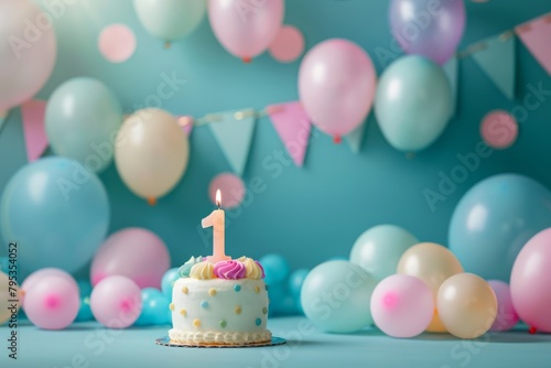 number 1 candle on a second year birthday or anniversary cake celebration with balloons and party decoration as banner with copy space area  photography 