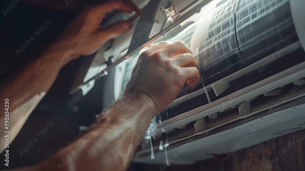 Obraz premium Emphasizing Regular Maintenance: Hands Removing a Clogged Air Filter from a Residential AC Unit