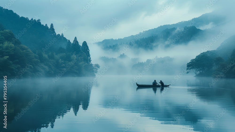 A minimalist Japanese fishermen at work on a tranquil lake.