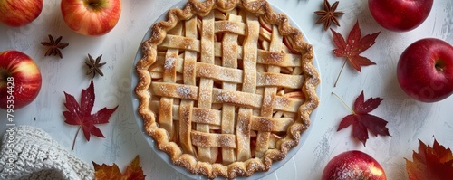 Homemade Apple Pie with fresh apples on a white kitchen table, top view, flat lay. Thanksgiving traditional dessert, Thanksgiving tart preparation, autumn bakery. Crispy weather sweets. Recipe