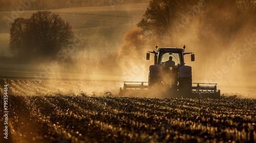 Tractor cultivating field at spring photo