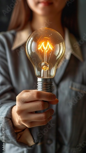 Cropped business woman holding light bulb concept of Idea, Innovation, Creativity, Thinking, illustration.