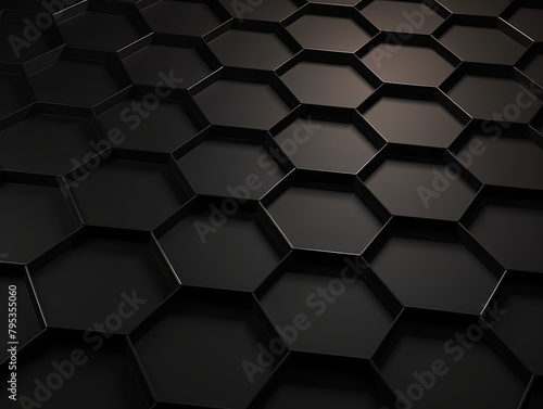 Black hexagons pattern on black background. Genetic research, molecular structure. Chemical engineering. Concept of innovation technology. Used for design healthcare, science and medicine background b