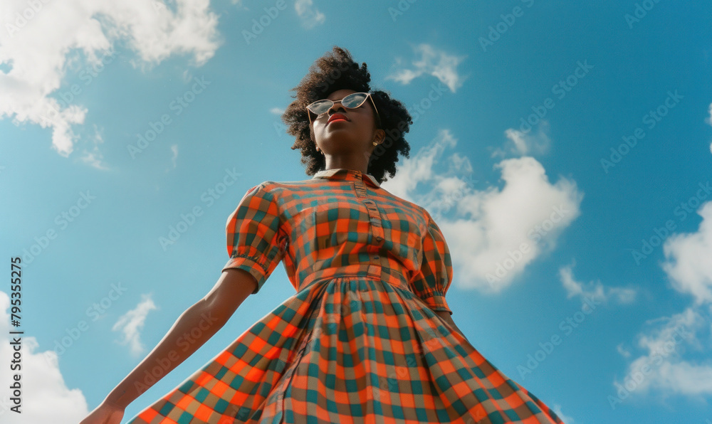 series of photos wide angle view from below portrait of African woman against the sky in a checkered dress in the style of the 90s