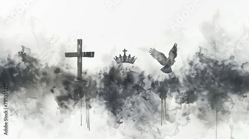 Holy trinity, symbol by crown, cross, and dove, depicted in watercolor artwork, reflecting essence of God and religion. Concept of Father, Son (believed to be incarnated as Jesus), and Holy Spirit. photo