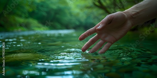 Hand Immersed in the Serene Waters of a Lush Green River Connecting Humanity with Nature s Purity